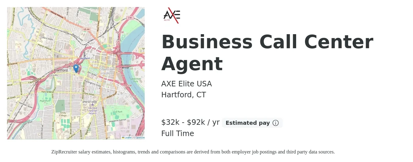 AXE Elite USA job posting for a Business Call Center Agent in Hartford, CT with a salary of $32,000 to $92,000 Yearly (plus commission) with a map of Hartford location.