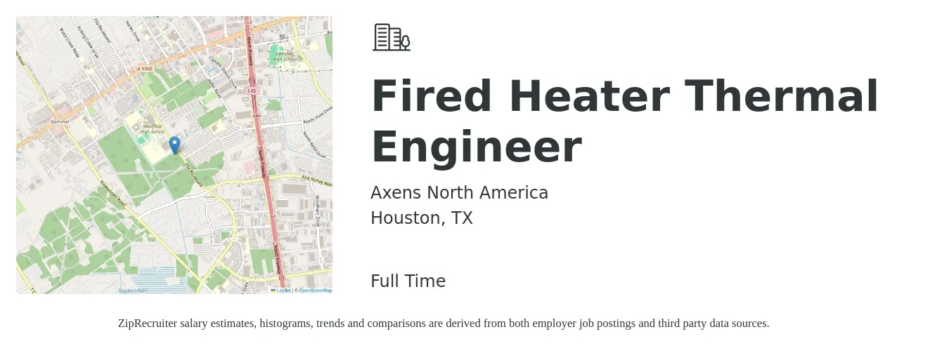 Axens North America job posting for a Fired Heater Thermal Engineer in Houston, TX with a salary of $79,300 to $99,900 Yearly with a map of Houston location.