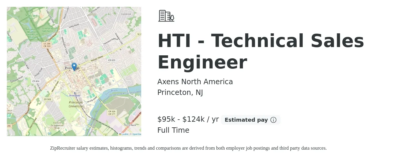 Axens North America job posting for a HTI - Technical Sales Engineer in Princeton, NJ with a salary of $95,000 to $124,000 Yearly with a map of Princeton location.