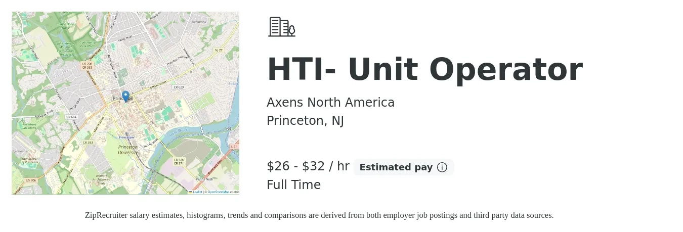 Axens North America job posting for a HTI- Unit Operator in Princeton, NJ with a salary of $28 to $34 Hourly with a map of Princeton location.