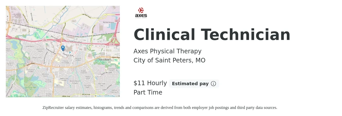 Axes Physical Therapy job posting for a Clinical Technician in City of Saint Peters, MO with a salary of $12 Hourly with a map of City of Saint Peters location.