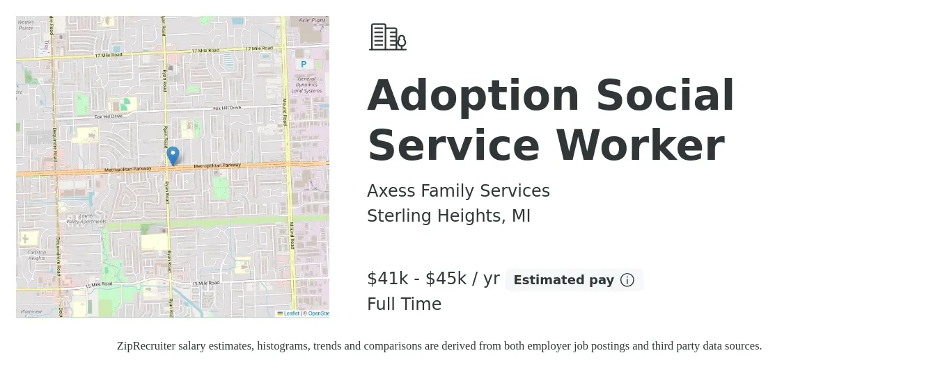 Axess Family Services job posting for a Adoption Social Service Worker in Sterling Heights, MI with a salary of $41,600 to $45,760 Yearly with a map of Sterling Heights location.