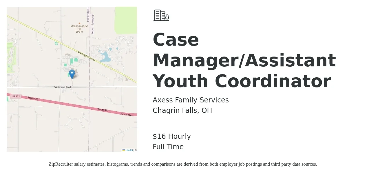 Axess Family Services job posting for a Case Manager/Assistant Youth Coordinator in Chagrin Falls, OH with a salary of $17 Hourly with a map of Chagrin Falls location.
