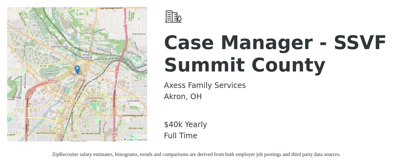 Axess Family Services job posting for a Case Manager - SSVF Summit County in Akron, OH with a salary of $40,000 Yearly with a map of Akron location.