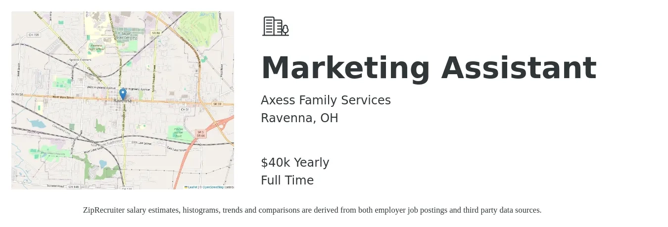 Axess Family Services job posting for a Marketing Assistant in Ravenna, OH with a salary of $40,000 Yearly with a map of Ravenna location.