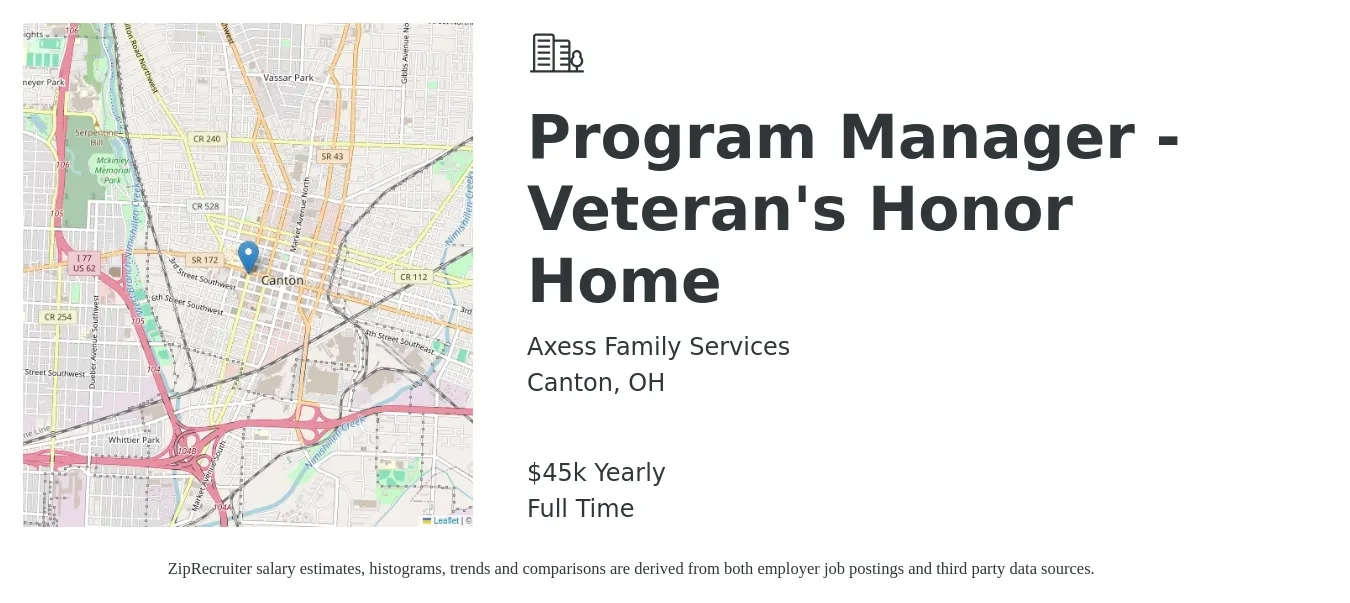 Axess Family Services job posting for a Program Manager - Veteran's Honor Home in Canton, OH with a salary of $45,000 Yearly with a map of Canton location.