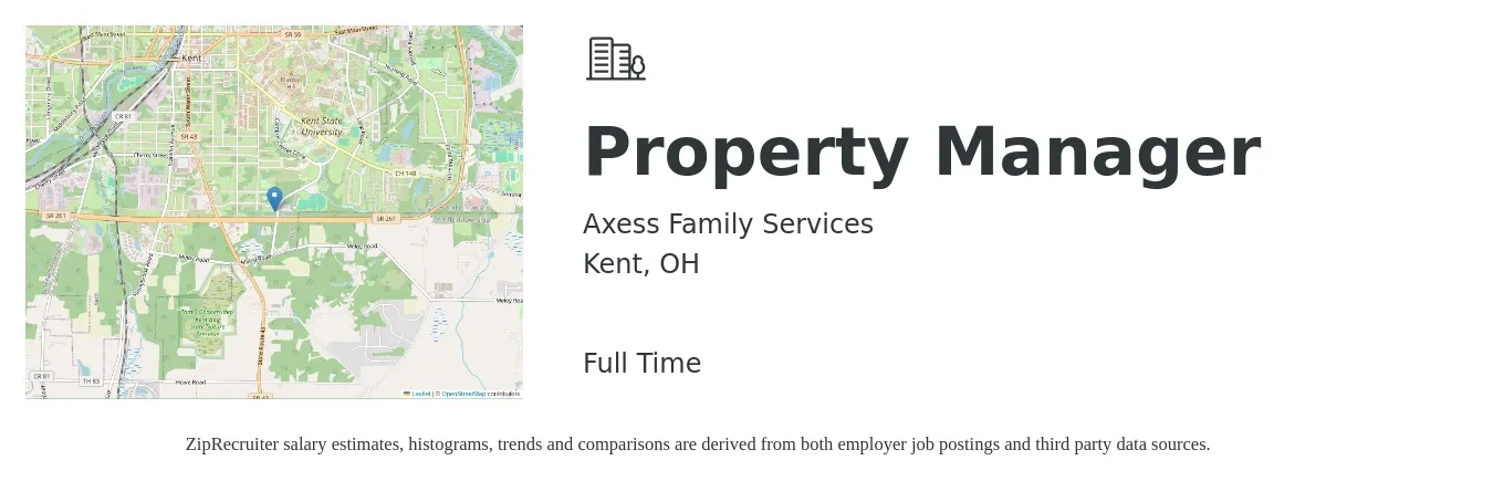 Axess Family Services job posting for a Property Manager in Kent, OH with a salary of $40,100 to $62,000 Yearly with a map of Kent location.