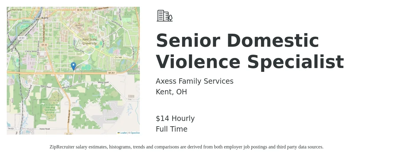 Axess Family Services job posting for a Senior Domestic Violence Specialist in Kent, OH with a salary of $15 Hourly with a map of Kent location.