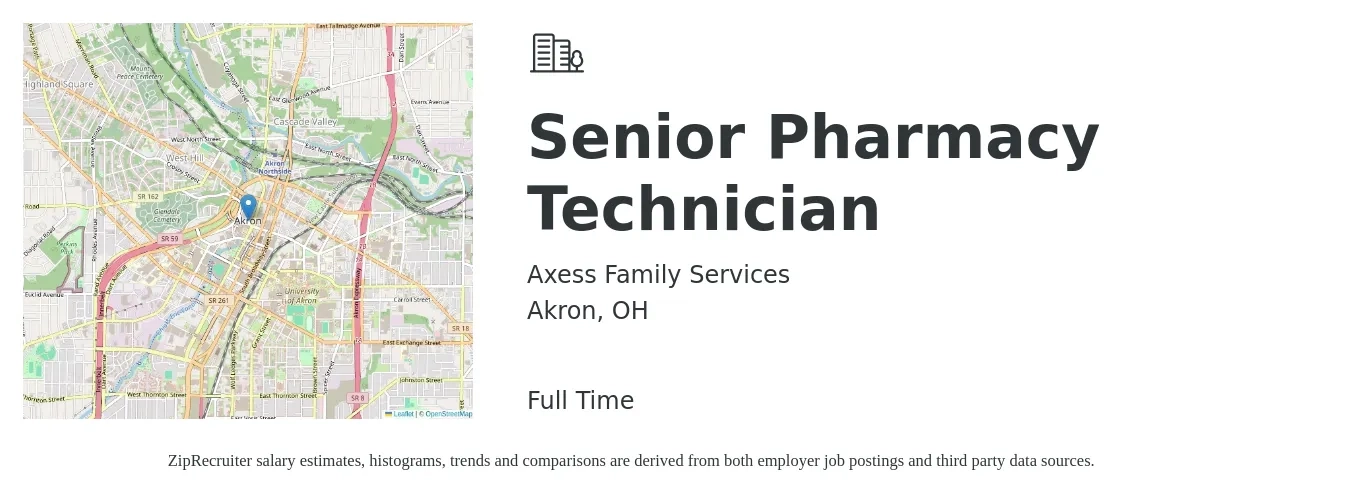 Axess Family Services job posting for a Senior Pharmacy Technician in Akron, OH with a salary of $19 to $27 Hourly with a map of Akron location.