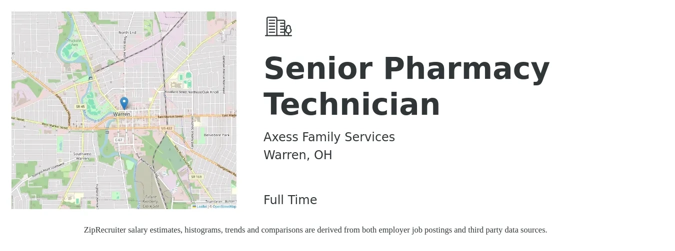 Axess Family Services job posting for a Senior Pharmacy Technician in Warren, OH with a salary of $17 to $24 Hourly with a map of Warren location.