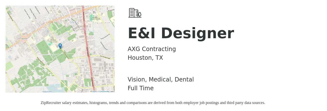 AXG Contracting job posting for a E&I Designer in Houston, TX with a salary of $31 to $45 Hourly and benefits including vision, dental, and medical with a map of Houston location.