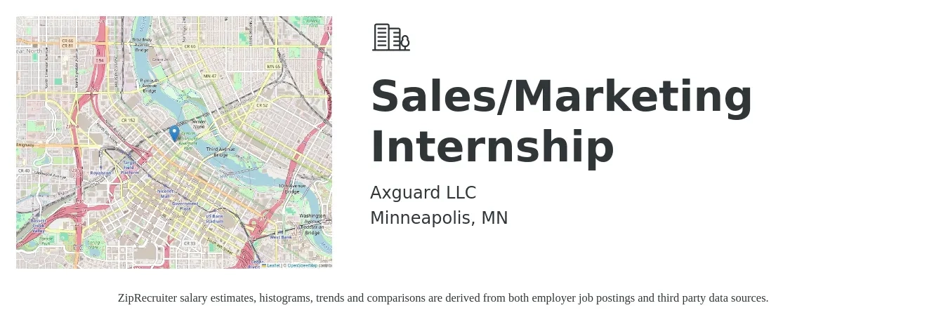 Axguard LLC job posting for a Sales/Marketing Internship in Minneapolis, MN with a salary of $16 to $23 Hourly with a map of Minneapolis location.
