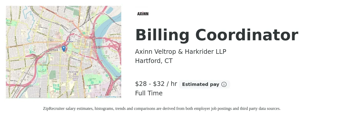Axinn Veltrop & Harkrider LLP job posting for a Billing Coordinator in Hartford, CT with a salary of $30 to $34 Hourly with a map of Hartford location.