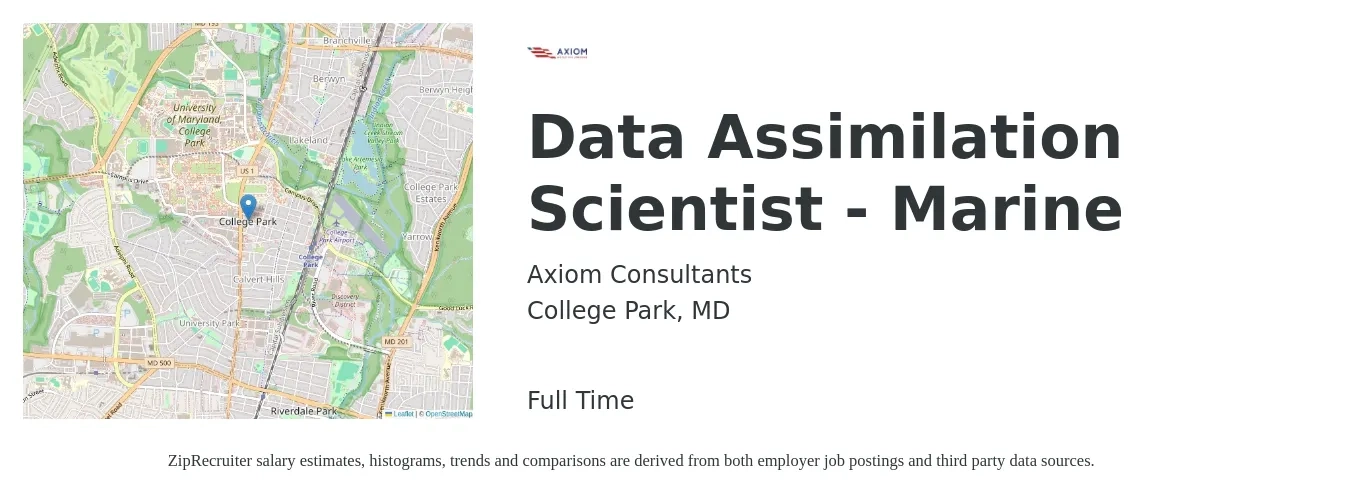 Axiom Consultants job posting for a Data Assimilation Scientist - Marine in College Park, MD with a salary of $97,400 to $134,400 Yearly with a map of College Park location.
