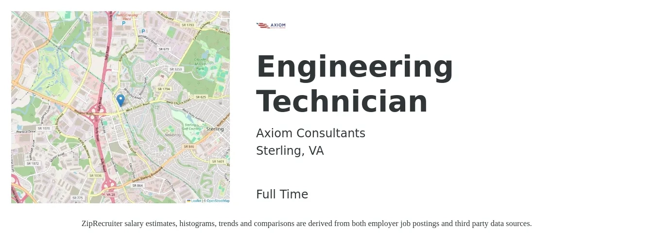 Axiom Consultants job posting for a Engineering Technician in Sterling, VA with a salary of $47,500 to $72,700 Yearly with a map of Sterling location.