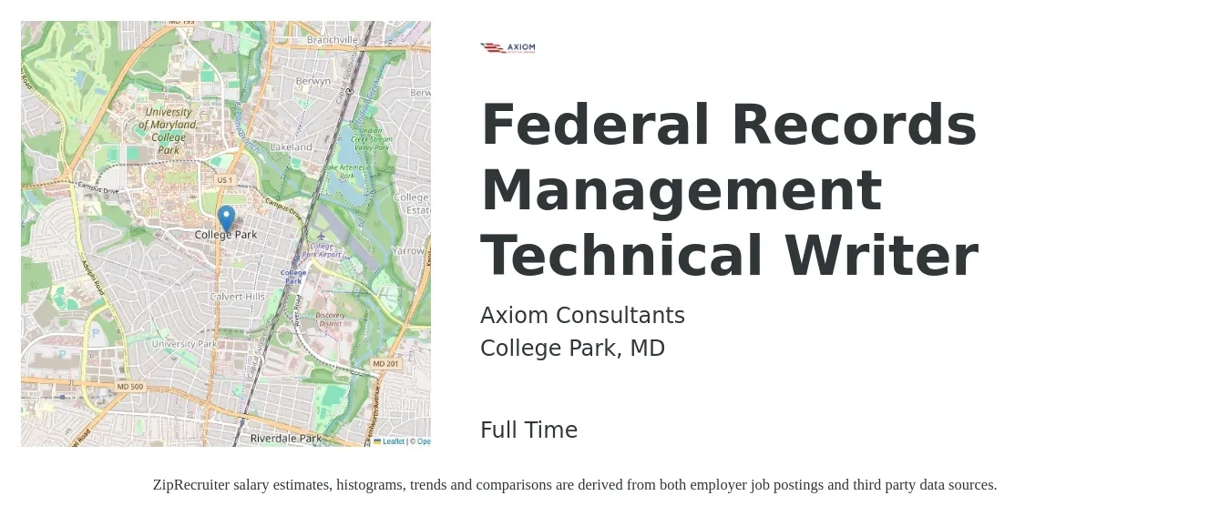 Axiom Consultants job posting for a Federal Records Management Technical Writer in College Park, MD with a salary of $30 to $48 Hourly with a map of College Park location.