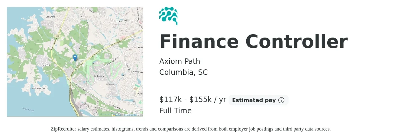 Axiom Path job posting for a Finance Controller in Columbia, SC with a salary of $117,000 to $155,000 Yearly with a map of Columbia location.