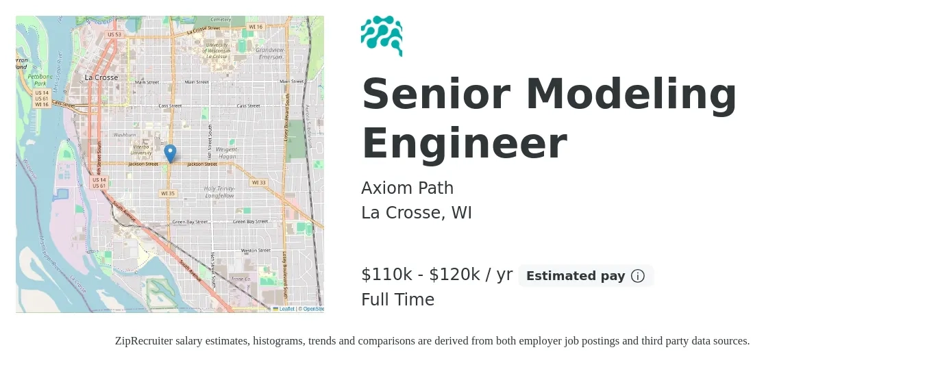 Axiom Path job posting for a Senior Modeling Engineer in La Crosse, WI with a salary of $110,000 to $120,000 Yearly with a map of La Crosse location.
