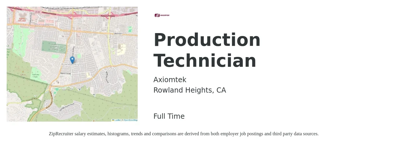 Axiomtek job posting for a Production Technician in Rowland Heights, CA with a salary of $17 to $21 Hourly with a map of Rowland Heights location.