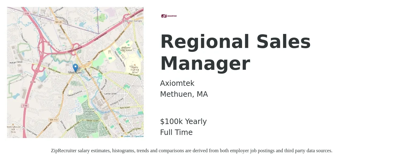 Axiomtek job posting for a Regional Sales Manager in Methuen, MA with a salary of $100,000 Yearly with a map of Methuen location.
