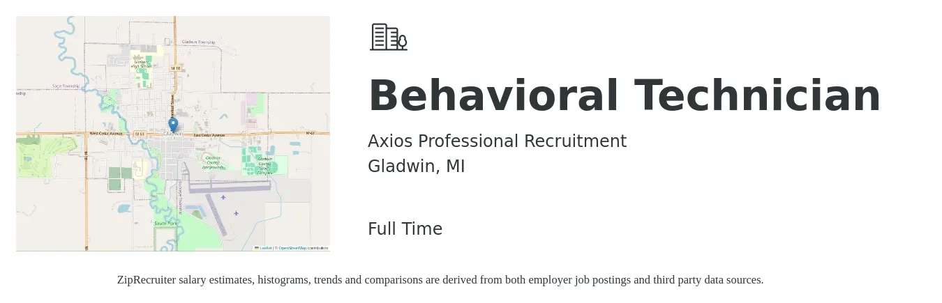 Axios Professional Recruitment job posting for a Behavioral Technician in Gladwin, MI with a salary of $15 to $20 Hourly with a map of Gladwin location.
