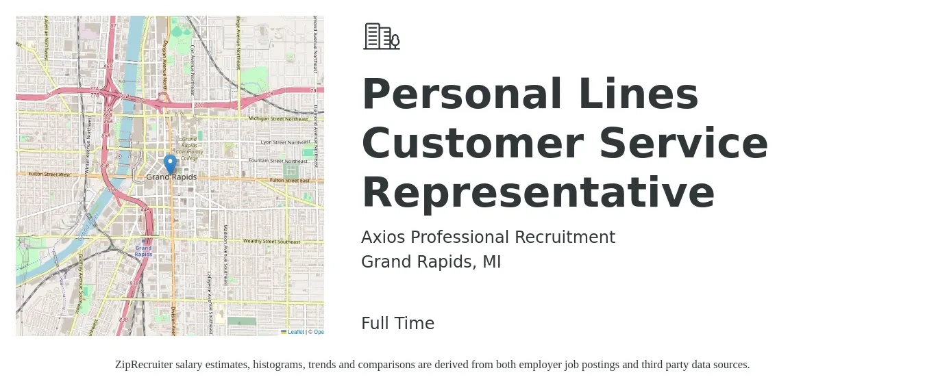 Axios Professional Recruitment job posting for a Personal Lines Customer Service Representative in Grand Rapids, MI with a salary of $37,500 to $50,400 Yearly with a map of Grand Rapids location.