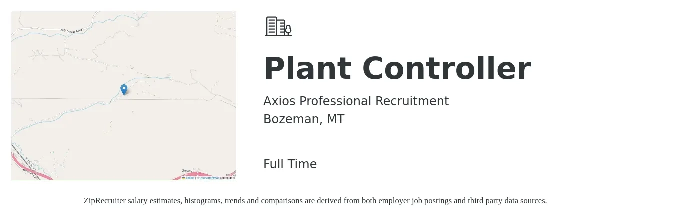 Axios Professional Recruitment job posting for a Plant Controller in Bozeman, MT with a salary of $109,200 to $135,700 Yearly with a map of Bozeman location.