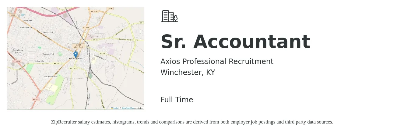 Axios Professional Recruitment job posting for a Sr. Accountant in Winchester, KY with a salary of $63,900 to $80,300 Yearly with a map of Winchester location.