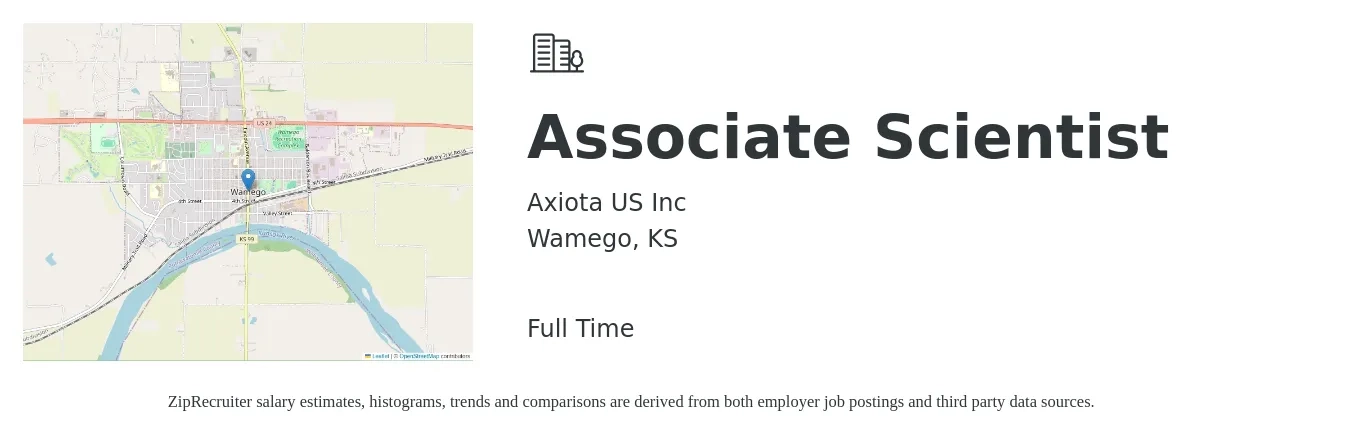 Axiota US Inc job posting for a Associate Scientist in Wamego, KS with a salary of $22 to $32 Hourly with a map of Wamego location.
