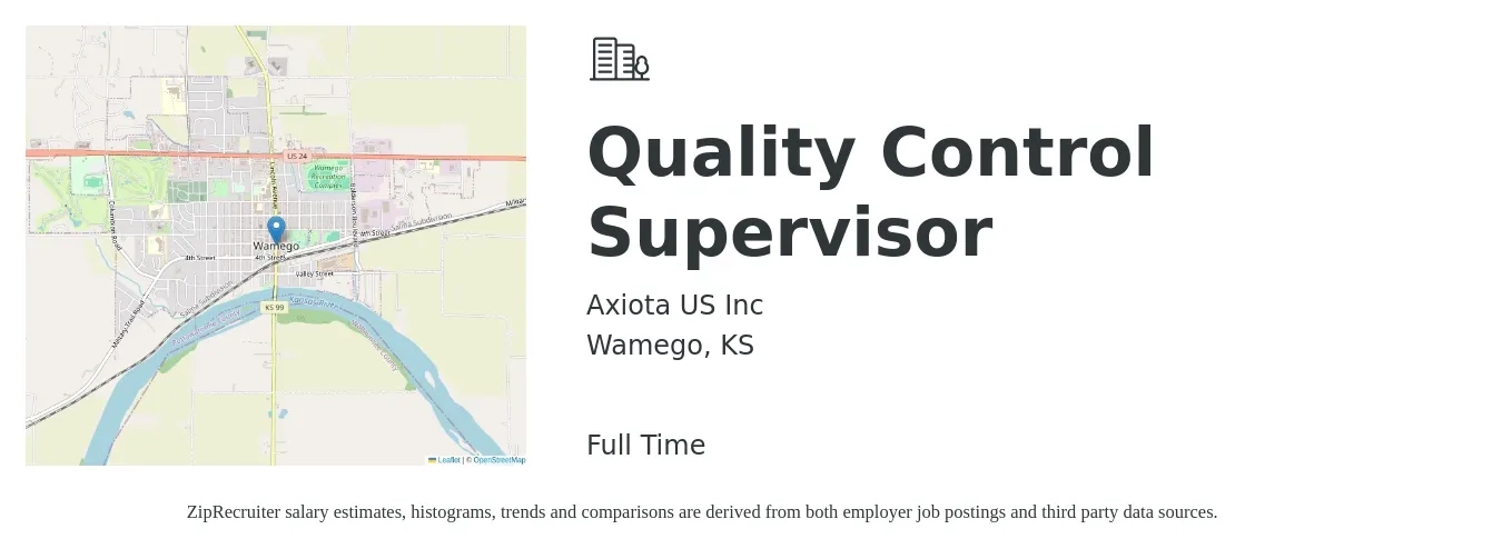 Axiota US Inc job posting for a Quality Control Supervisor in Wamego, KS with a salary of $45,200 to $74,600 Yearly with a map of Wamego location.