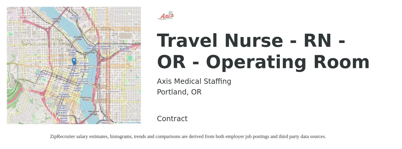 Axis Medical Staffing job posting for a Travel Nurse - RN - OR - Operating Room in Portland, OR with a salary of $2,150 to $3,340 Weekly with a map of Portland location.