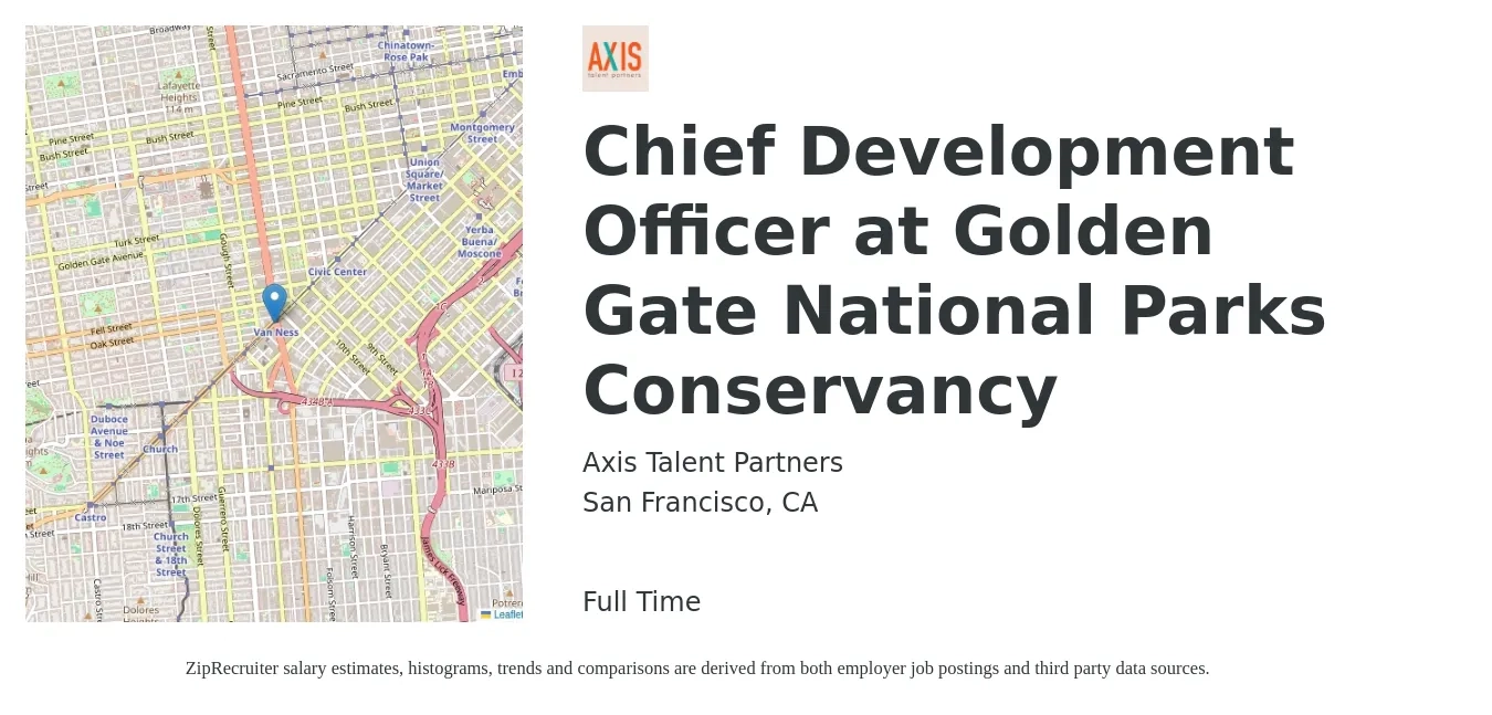 Axis Talent Partners job posting for a Chief Development Officer at Golden Gate National Parks Conservancy in San Francisco, CA with a salary of $117,200 to $188,500 Yearly with a map of San Francisco location.
