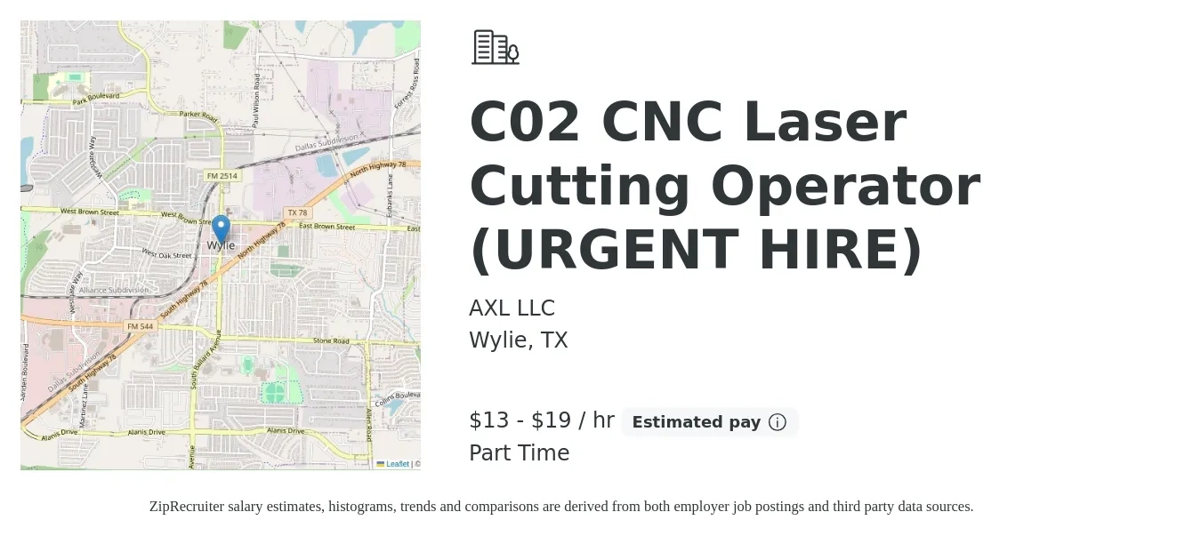 AXL LLC job posting for a C02 CNC Laser Cutting Operator URGENT HIRE in Wylie, TX with a salary of $14 to $20 Hourly with a map of Wylie location.