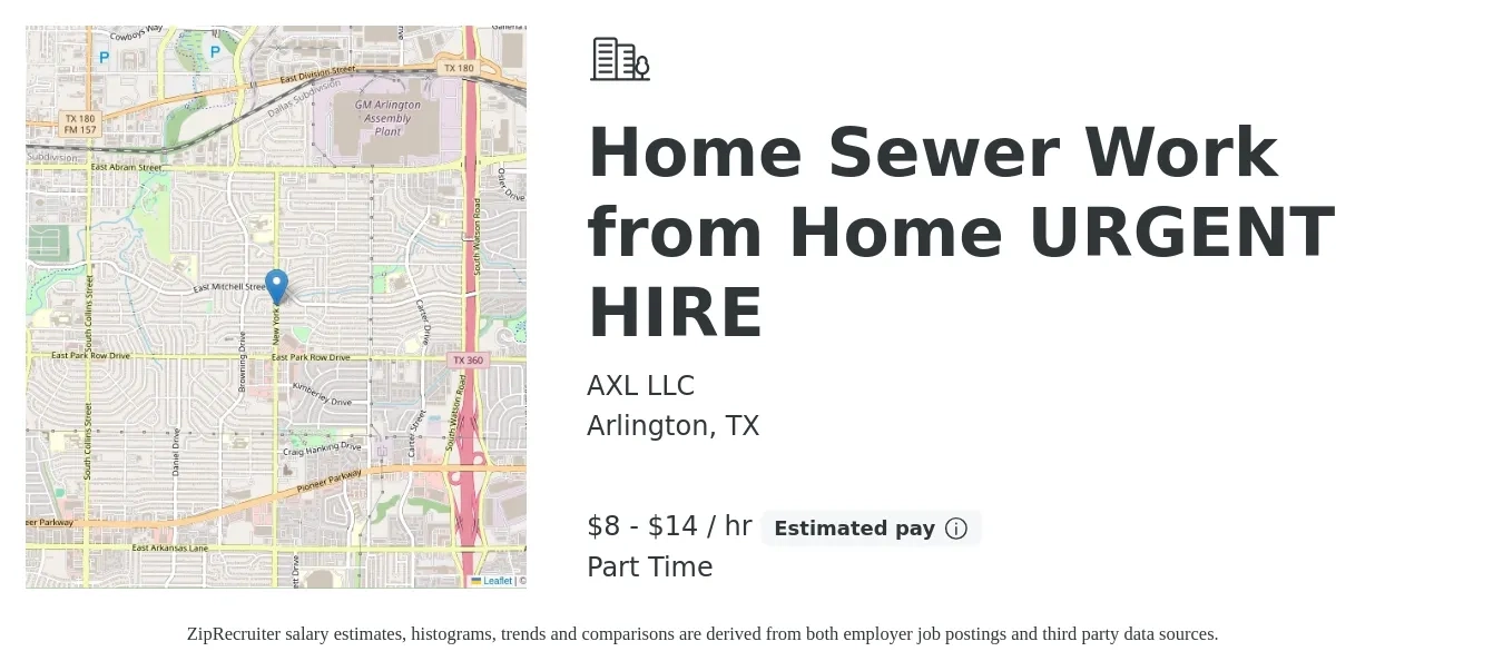 AXL LLC job posting for a Home Sewer Work from Home URGENT HIRE in Arlington, TX with a salary of $9 to $15 Hourly with a map of Arlington location.