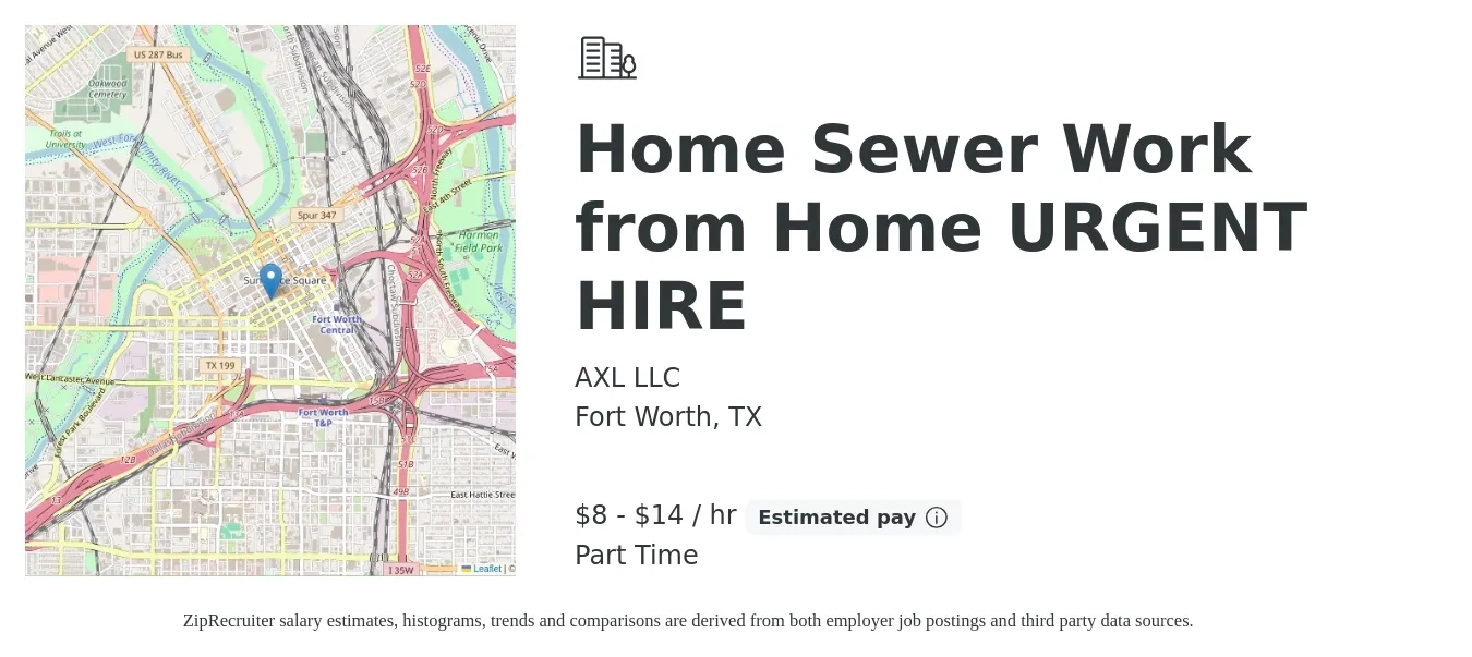 AXL LLC job posting for a Home Sewer Work from Home URGENT HIRE in Fort Worth, TX with a salary of $9 to $15 Hourly with a map of Fort Worth location.