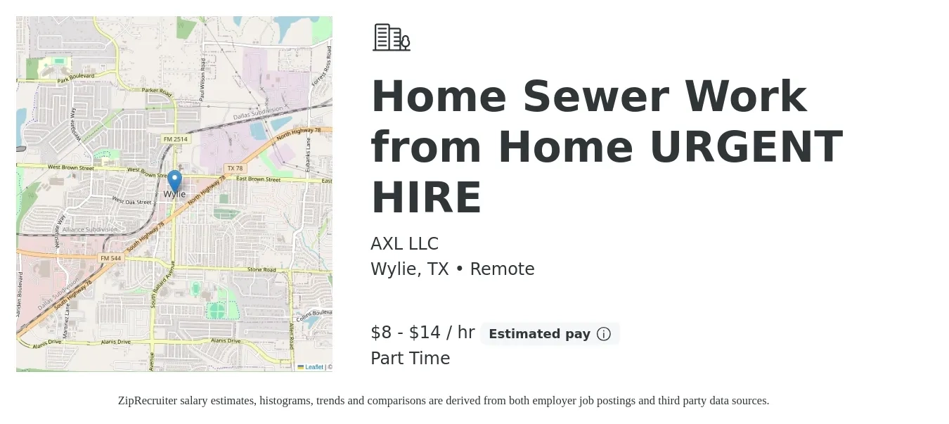 AXL LLC job posting for a Home Sewer Work from Home URGENT HIRE in Wylie, TX with a salary of $9 to $15 Hourly with a map of Wylie location.