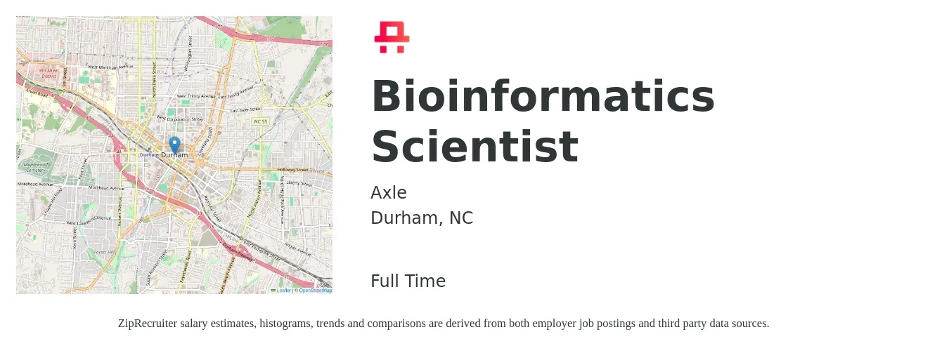 Axle job posting for a Bioinformatics Scientist in Durham, NC with a salary of $45 to $63 Hourly with a map of Durham location.