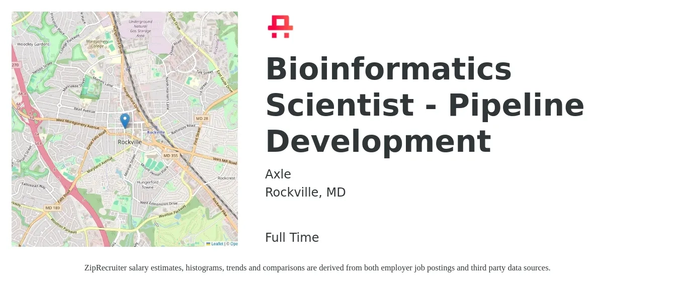 Axle job posting for a Bioinformatics Scientist - Pipeline Development in Rockville, MD with a salary of $48 to $66 Hourly with a map of Rockville location.