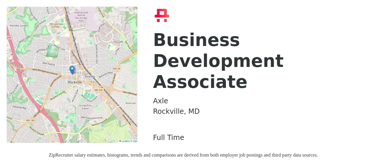 Axle job posting for a Business Development Associate in Rockville, MD with a salary of $45,400 to $62,200 Yearly with a map of Rockville location.