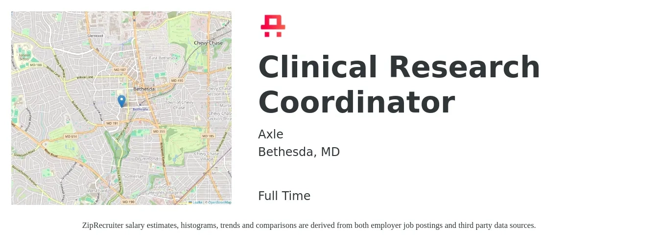 Axle job posting for a Clinical Research Coordinator in Bethesda, MD with a salary of $26 to $34 Hourly with a map of Bethesda location.
