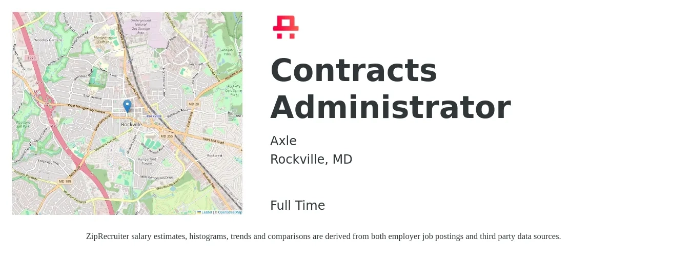 Axle job posting for a Contracts Administrator in Rockville, MD with a salary of $58,100 to $89,700 Yearly with a map of Rockville location.