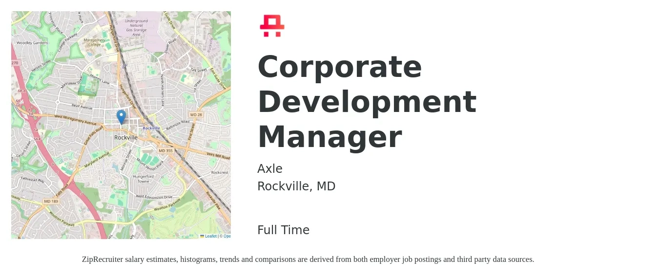 Axle job posting for a Corporate Development Manager in Rockville, MD with a salary of $82,600 to $120,300 Yearly with a map of Rockville location.