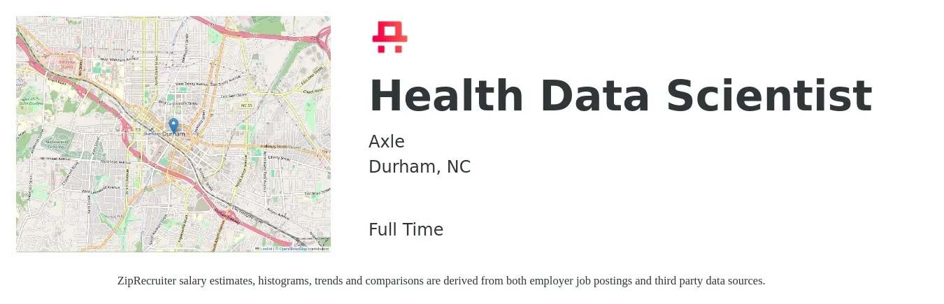 Axle job posting for a Health Data Scientist in Durham, NC with a salary of $95,200 to $131,400 Yearly with a map of Durham location.