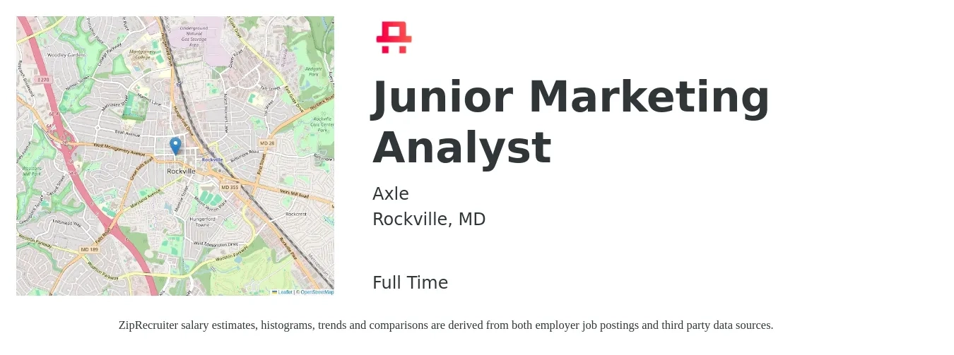 Axle job posting for a Marketing Associate in Rockville, MD with a salary of $42,800 to $59,100 Yearly with a map of Rockville location.