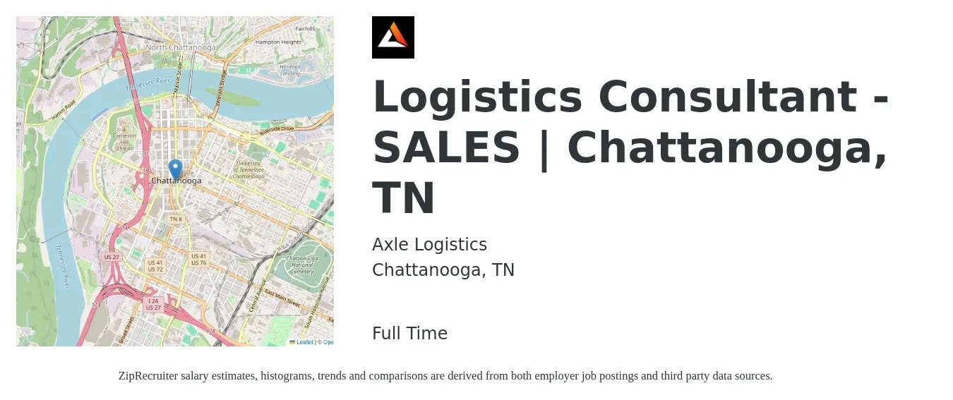 Axle Logistics job posting for a Logistics Consultant - SALES | Chattanooga, TN in Chattanooga, TN with a salary of $36,900 to $72,400 Yearly with a map of Chattanooga location.
