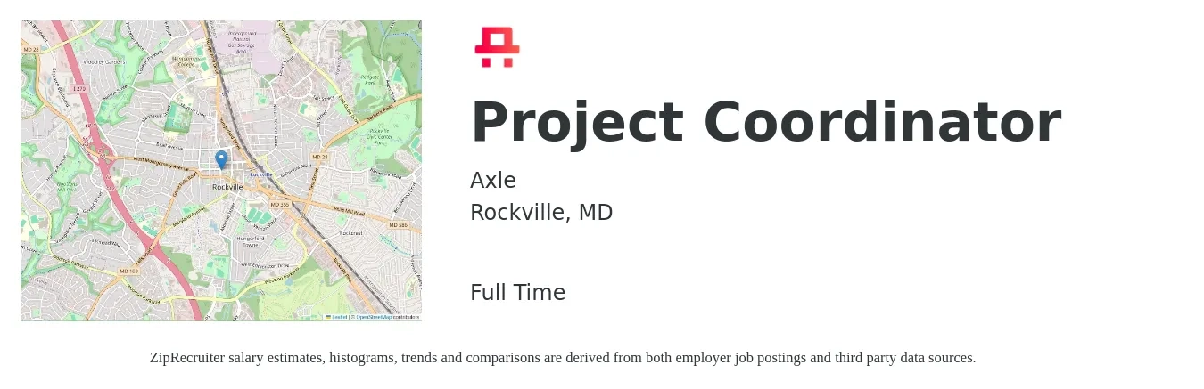 Axle job posting for a Project Coordinator in Rockville, MD with a salary of $24 to $35 Hourly with a map of Rockville location.