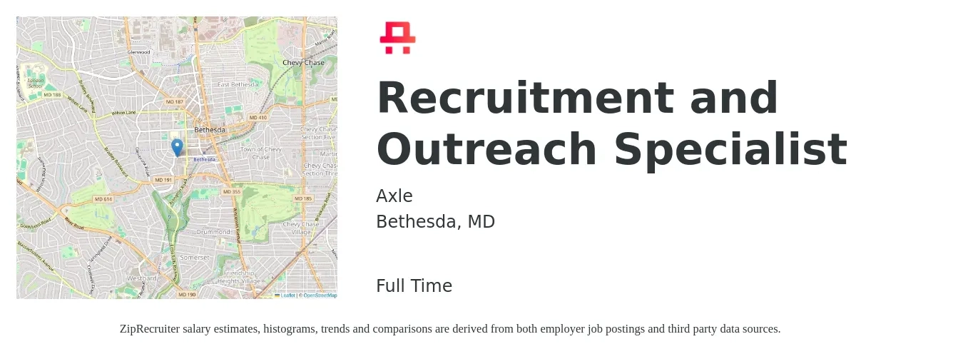 Axle job posting for a Recruitment and Outreach Specialist in Bethesda, MD with a salary of $43,300 to $72,200 Yearly with a map of Bethesda location.