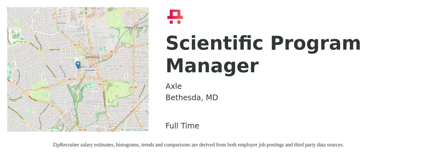 Axle job posting for a Scientific Program Manager in Bethesda, MD with a salary of $85,100 to $141,800 Yearly with a map of Bethesda location.