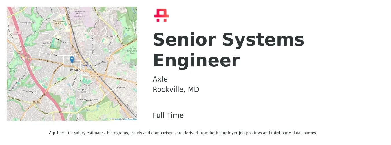 Axle job posting for a Senior Systems Engineer in Rockville, MD with a salary of $106,500 to $145,800 Yearly with a map of Rockville location.