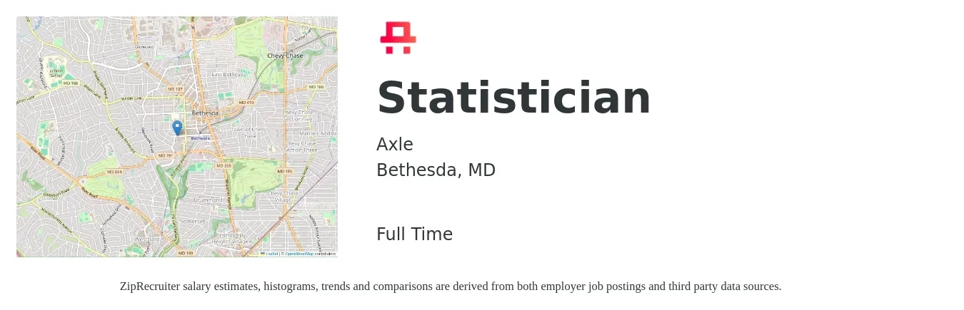 Axle job posting for a Statistician in Bethesda, MD with a salary of $61,500 to $105,400 Yearly with a map of Bethesda location.